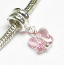 Sterling Silver Swarovski Pink Rose Butterfly Dangle Bead for European Charm Bracelets