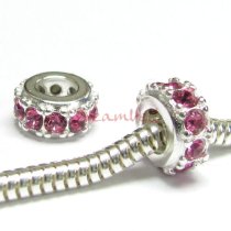 Sterling Silver Round Ring Bead Pink Crystals for European Charm Bracelets Birthstone October