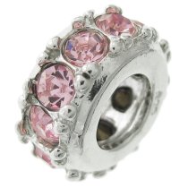 Sterling Silver Round Ring Bead Pink Crystals for European Charm Bracelets Birthstone October