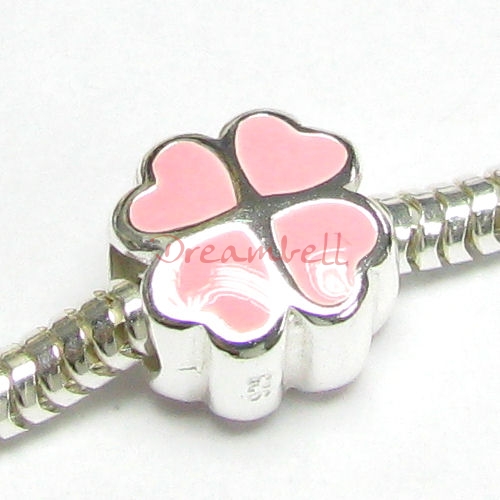 STERLING Silver PINK Four Leaf Clover Heart Enamel bead for European Charm Bracelets