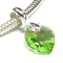 Sterling Silver BIRTHSTONE AUGUST DANLGE Bead Swarovski Heart for European Charm Bracelets