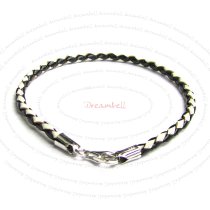 1x Sterling Silver Black and White Braided leather cord 3mm BRACELET for European Bead charms 7″