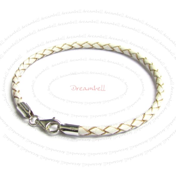 1x Sterling Silver White Bolo Braided leather 3mm BRACELET f/ European bead charms 7.5"