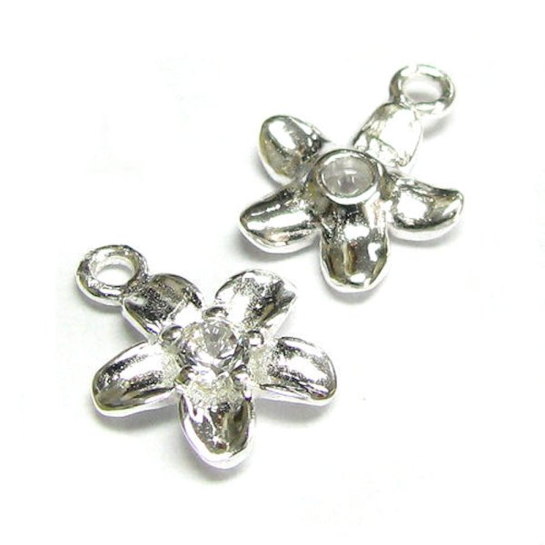 2x Bright Sterling silver CZ crystal Flower Dangle Charm Pendant
