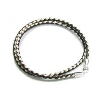 Sterling Silver BLACK and White Bolo Braided leather 3mm choker necklace 16″ for European Bead Charms