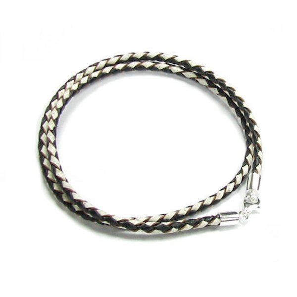 Sterling Silver BLACK and White Bolo Braided leather 3mm choker necklace 16" for European Bead Charms
