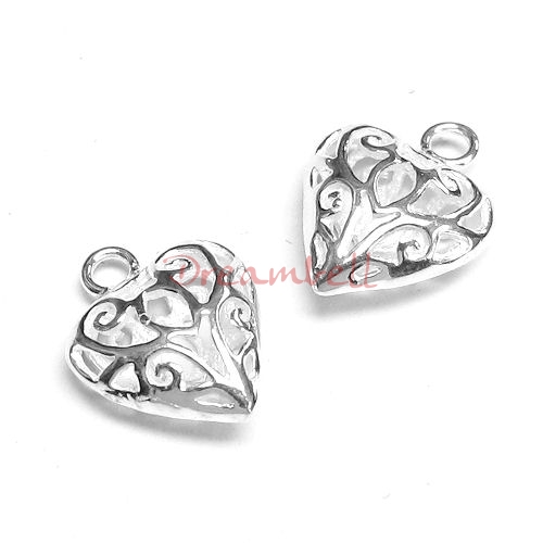 2x Bright Sterling silver Heart Dangle Charm Filigree Pendant 14mm