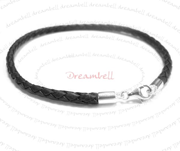 1x Sterling Silver Black Braided Leather cord 3mm Anklet Bracelet 9.5"