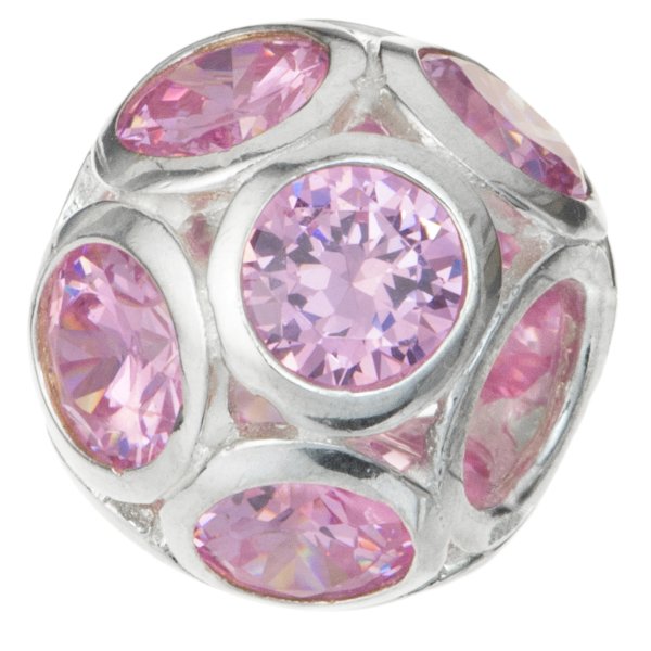 Sterling Silver BALL Bead w/ Pink Crystal for European Charm Bracelets