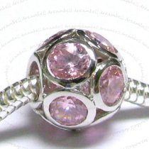 Sterling Silver BALL Bead w/ Pink Crystal for European Charm Bracelets