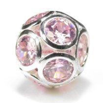 Sterling Silver BALL Bead w/ Pink Crystal for European Charm Bracelets