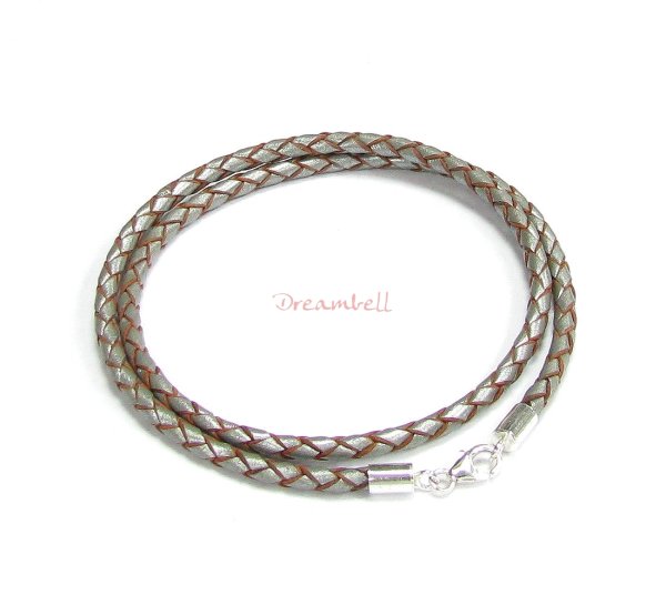 Sterling Silver Metallic Steel Grey Bolo Braided leather 3mm choker necklace 16" for European Bead Charms