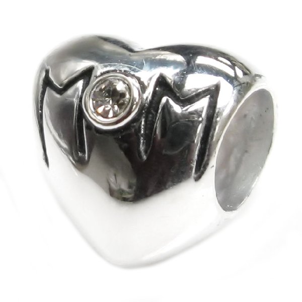 Sterling Silver HEART LOVE MOTHER MOM Bead w/ Clear crystal for European Charm Bracelets