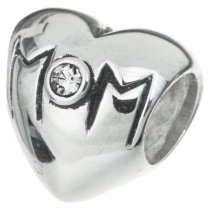 Sterling Silver HEART LOVE MOTHER MOM Bead w/ Clear crystal for European Charm Bracelets