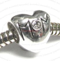 Sterling Silver HEART LOVE MOTHER MOM Bead w/ Clear crystal for European Charm Bracelets