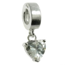 Sterling Silver Dangle HEART CZ Stone Pendant Bead for European Charm Bracelets