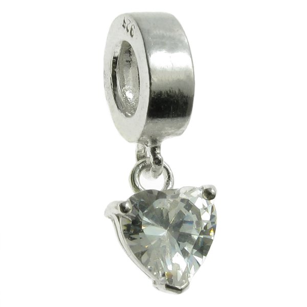 Sterling Silver Dangle HEART CZ Stone Pendant Bead for European Charm Bracelets