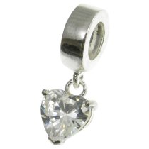 Sterling Silver Dangle HEART CZ Stone Pendant Bead for European Charm Bracelets