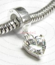 Sterling Silver Dangle HEART CZ Stone Pendant Bead for European Charm Bracelets