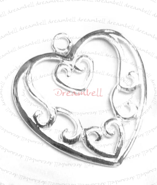 1x Bright Sterling silver Heart FILIGREE Pendant dangle Charm bead 22mm