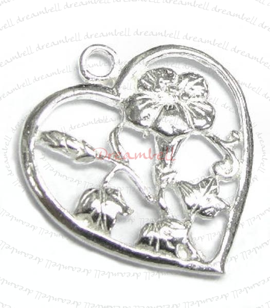 1x Bright Sterling silver FLOWER Heart dangle Charm bead 17mm