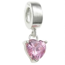 Sterling Silver Dangle HEART Pink CZ Stone Pendant Bead for European Charm Bracelets