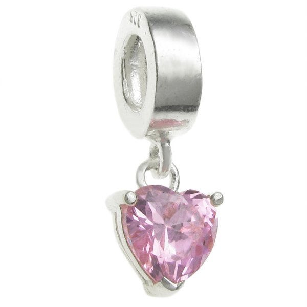 Sterling Silver Dangle HEART Pink CZ Stone Pendant Bead for European Charm Bracelets