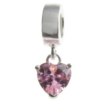 Sterling Silver Dangle HEART Pink CZ Stone Pendant Bead for European Charm Bracelets