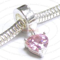Sterling Silver Dangle HEART Pink CZ Stone Pendant Bead for European Charm Bracelets