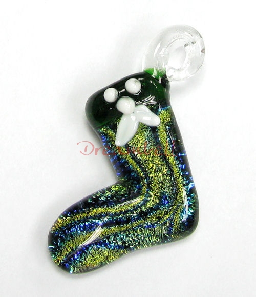 1x Lampwork Fused Foil Christmas Sock DICHROIC Glass Pendant
