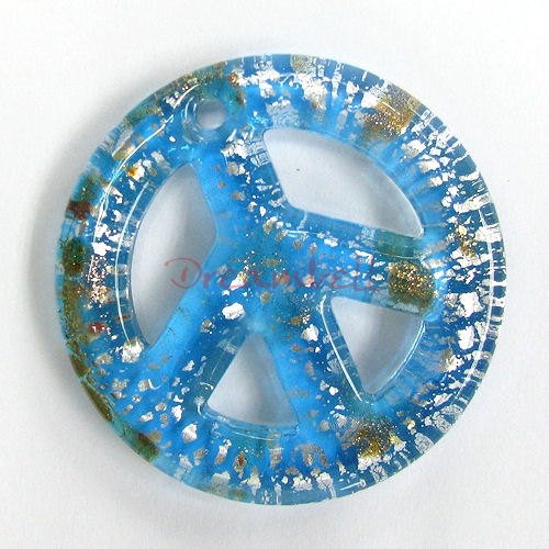 1x Lampwork Fused Peace Glass Pendant Aquamarine Blue 50mm