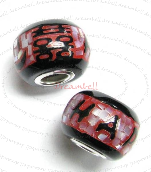 Sterling Silver Mosaic Chinese Greeting Word DOUBLE HAPPINESS" & HAPPY SMILE Mother of Pearl MOP Bead for European Charm Bracelets