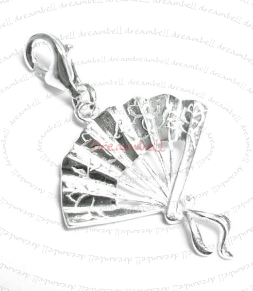 Sterling SILVER Chinese Style Fan Charm pendant dangle for European Style Clip on Charm