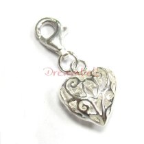 Sterling silver Heart Dangle Charm Filigree Pendant for European Style Clip on Charm