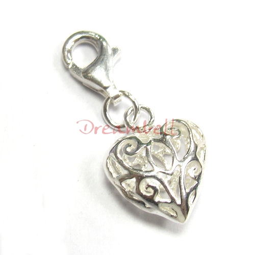 Sterling silver Heart Dangle Charm Filigree Pendant for European Style Clip on Charm
