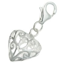 Sterling silver Heart Dangle Charm Filigree Pendant for European Style Clip on Charm