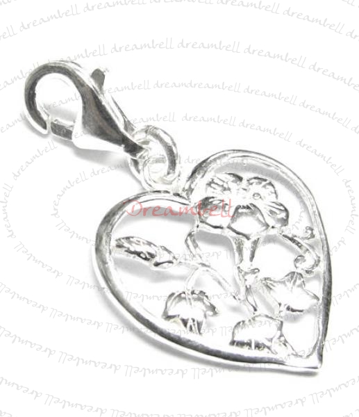 Bright Sterling silver FLOWER Heart dangle Charm for European Style Clip on Charm