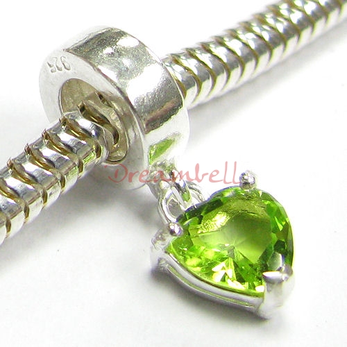 Sterling Silver Dangle HEART Peridot CZ Stone Pendant Bead for European Charm Bracelets