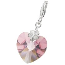STERLING SILVER Swarovski Crystal Pink Rose Heart Love Charm for European Style Clip on Charm