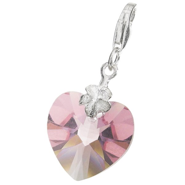 STERLING SILVER Swarovski Crystal Pink Rose Heart Love Charm for European Style Clip on Charm