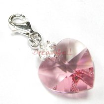 STERLING SILVER Swarovski Crystal Pink Rose Heart Love Charm for European Style Clip on Charm