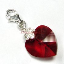 STERLING SILVER Swarovski Crystal Siam Red Heart Love Charm for European Style Clip on Charm