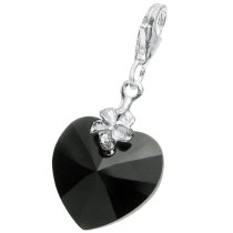 STERLING SILVER Swarovski Crystal Black Heart Love Charm for European Style Clip on Charm