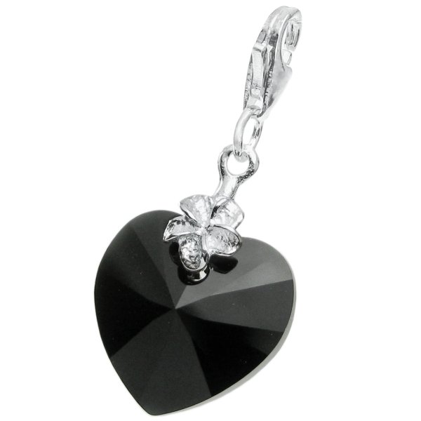 STERLING SILVER Swarovski Crystal Black Heart Love Charm for European Style Clip on Charm
