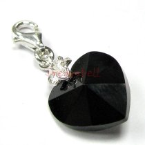 STERLING SILVER Swarovski Crystal Black Heart Love Charm for European Style Clip on Charm