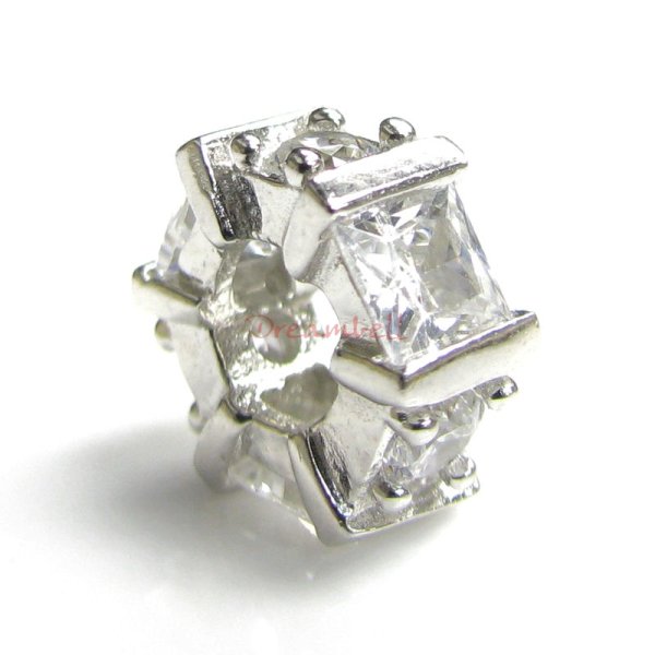 Rhodium Sterling Silver Hexagon CZ Crystal Bead for European Charm Bracelets