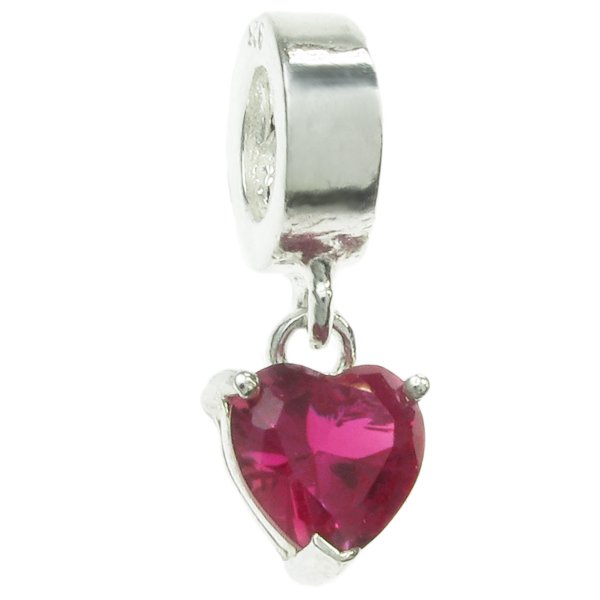 Sterling Silver Dangle HEART Siam Red CZ Stone Pendant Bead for European Charm Bracelets