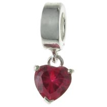 Sterling Silver Dangle HEART Siam Red CZ Stone Pendant Bead for European Charm Bracelets