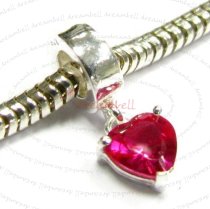 Sterling Silver Dangle HEART Siam Red CZ Stone Pendant Bead for European Charm Bracelets