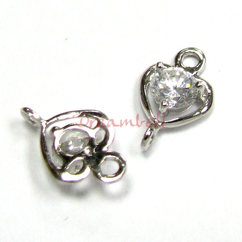 2x Rhodium Sterling Silver Clear CZ Heart Link Connector Spacer